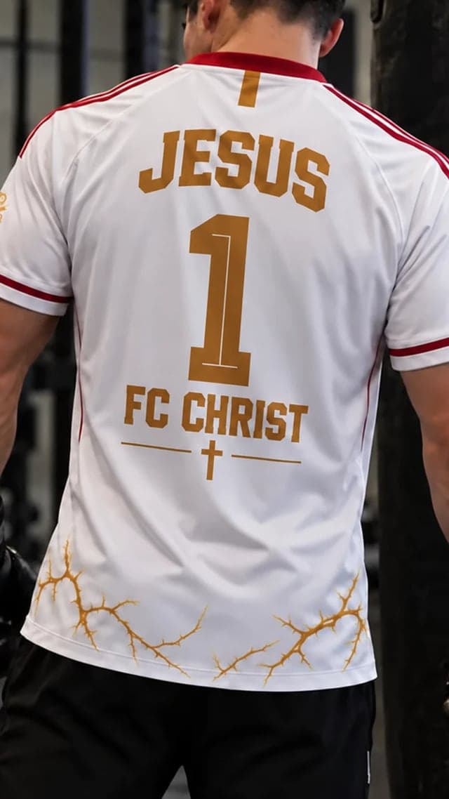 Le maillot FC Christ porté de dos dans une salle de boxe, floqué « Jesus 1 — FC Christ ».