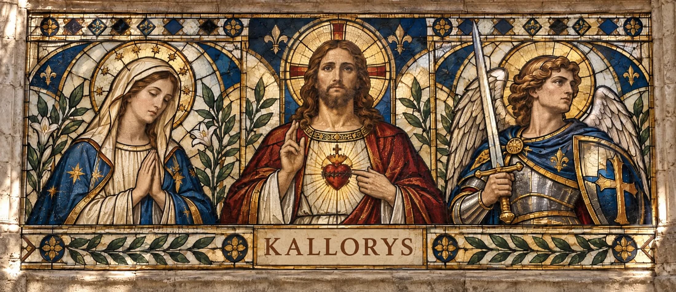 Vitrail en triptyque : la Vierge, le Christ au Sacré-Cœur et saint Michel, au-dessus d’un cartouche portant le nom Kallorys.