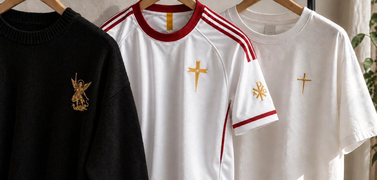 Trois pièces sur cintres : un sweat noir à saint Michel brodé, le maillot blanc à bandes rouges, un t-shirt écru, chacun marqué d’une croix dorée.