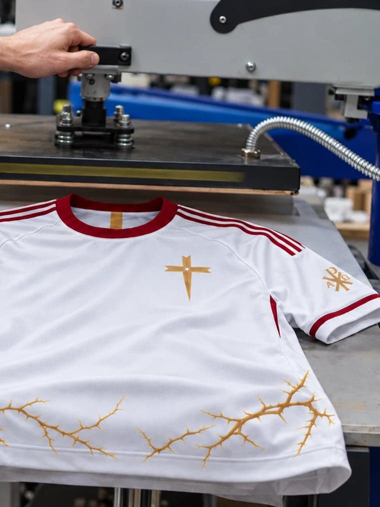 Une presse à chaud refermée sur un maillot blanc, croix dorée sur la poitrine et couronne d’épines sur le bas.