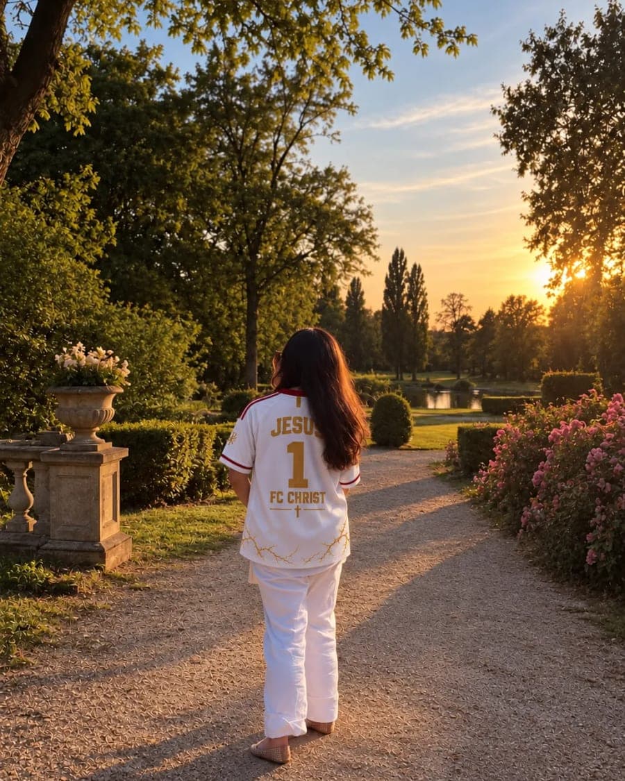 Une cliente portant le maillot, vue de dos dans une allée de jardin au coucher du soleil.