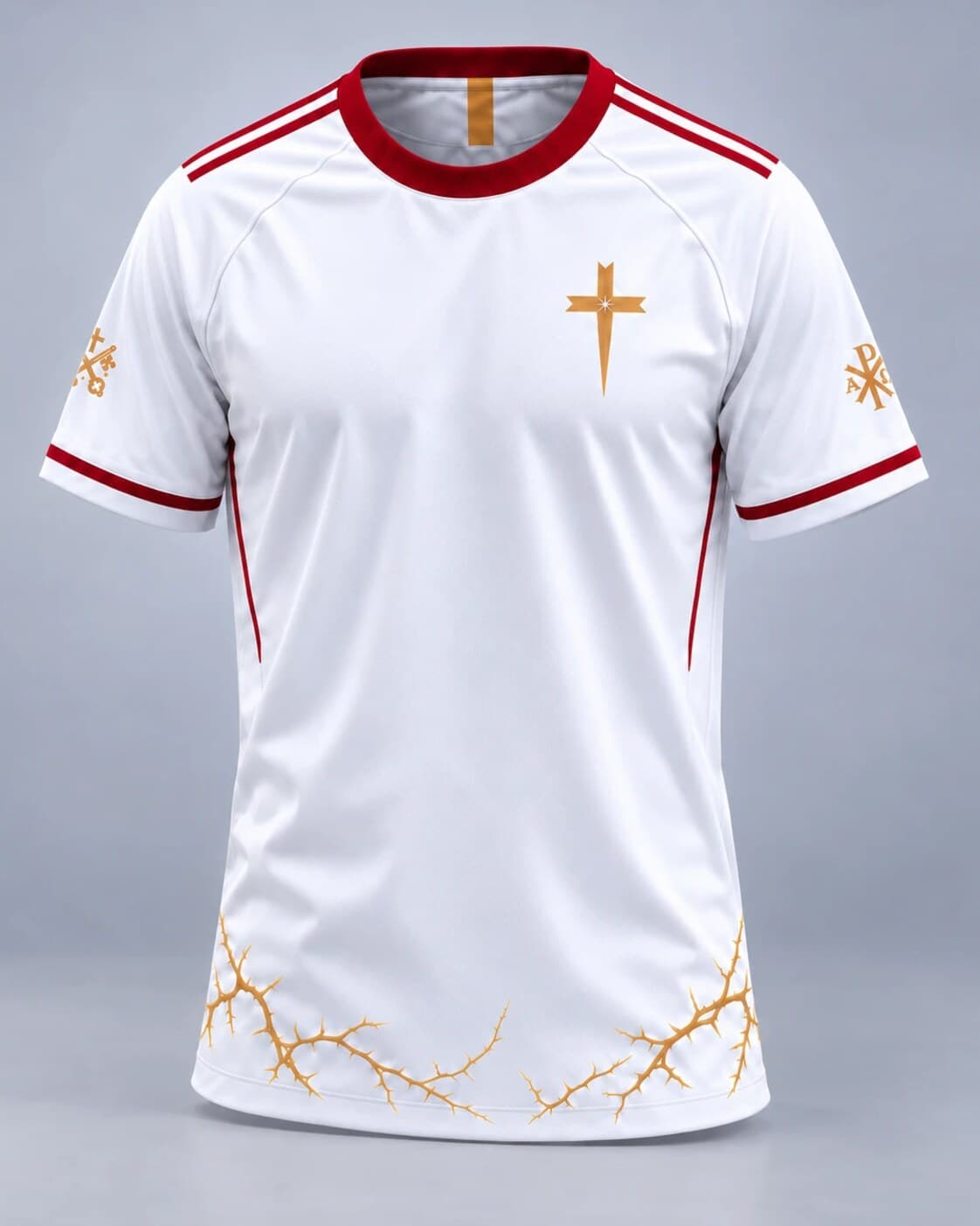 Face du maillot : croix dorée surmontée d’une étoile côté cœur, col et bandes rouges aux épaules, couronne d’épines dorée sur tout le bas.